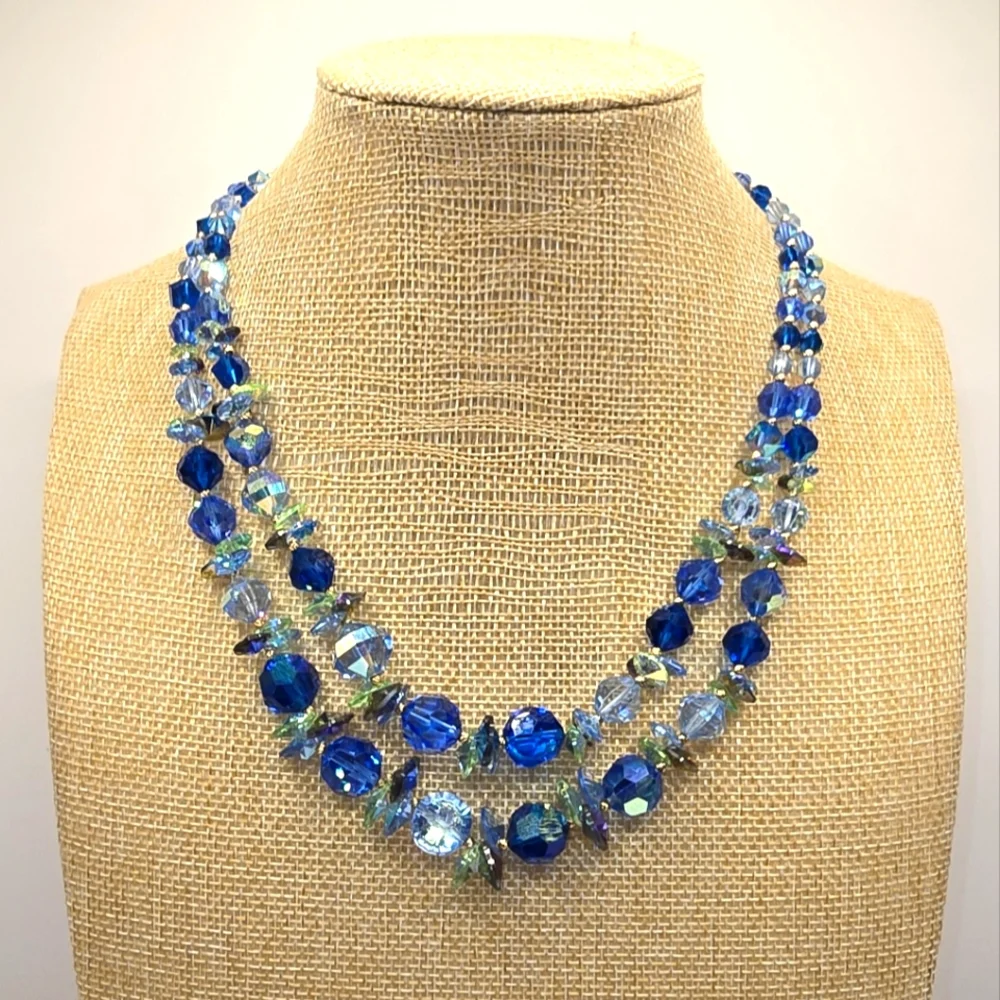 Vendome Blue Green Aurora Borealis Crystal Glass 2 Strand Bead Vintage Necklace